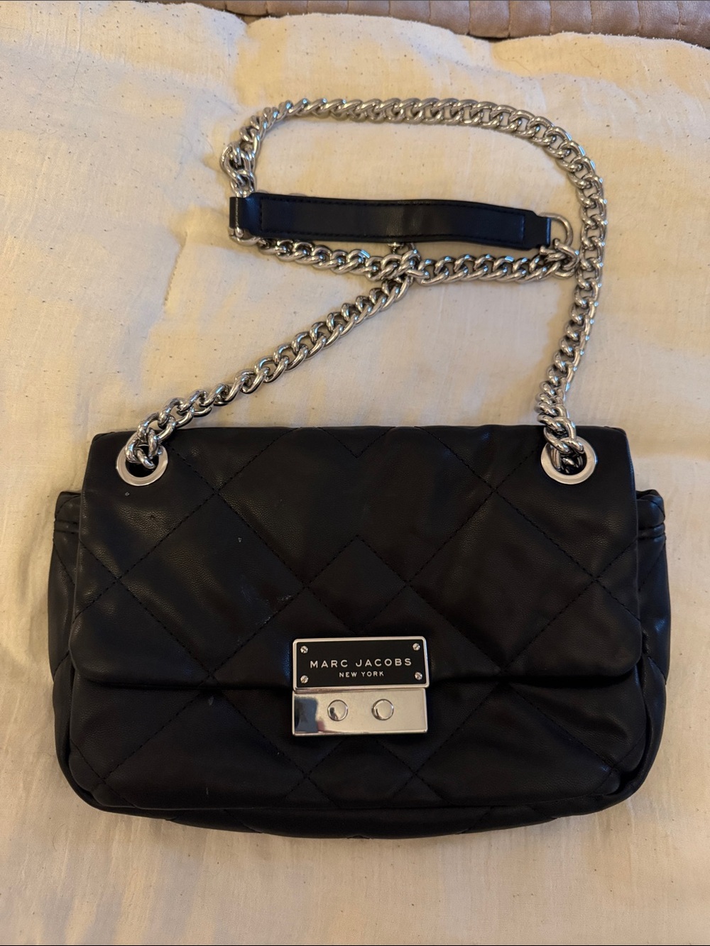 Marc Jacobs Black Quilted Leather Shoulder Bag with Silver Chain